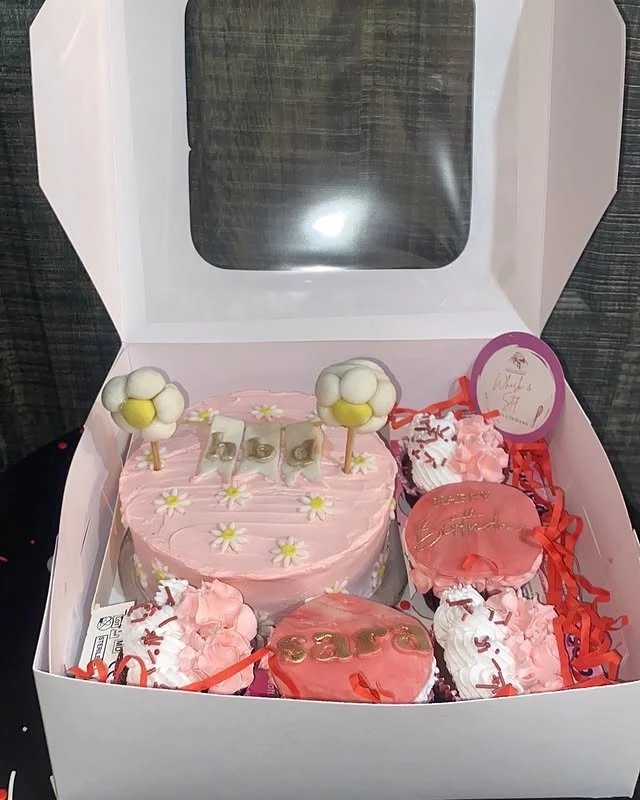 HBD bento box with beautiful red theme and multiple M designs for birthday celebration - HBD Gift Boxes Karachi By Whisk And Sift